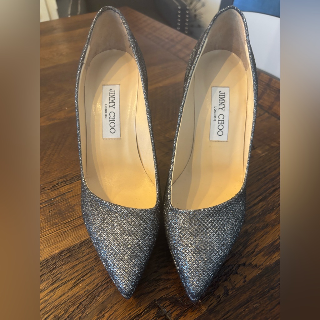 Jimmy Choo Silver Grey Sparkle Glitter Black Leather Heels Pumps 38.